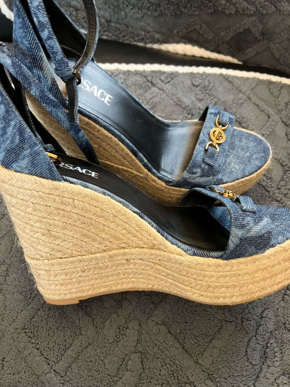Versace Denim Blue Espadrille Wedge Sandals with Ankle Strap - Picture 4 of 8